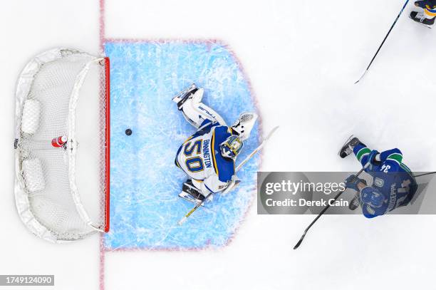 Phillip Di Giuseppe of the Vancouver Canucks scores a goal on Jordan Binnington of the St. Louis Blues during the second period of their NHL game at...