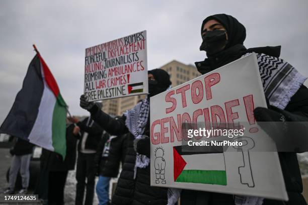 Pro-Palestinian students gather at the Alberta Legislature during a 'Students Protest for Ceasefire' protest, on October 27 in Edmonton, Alberta,...