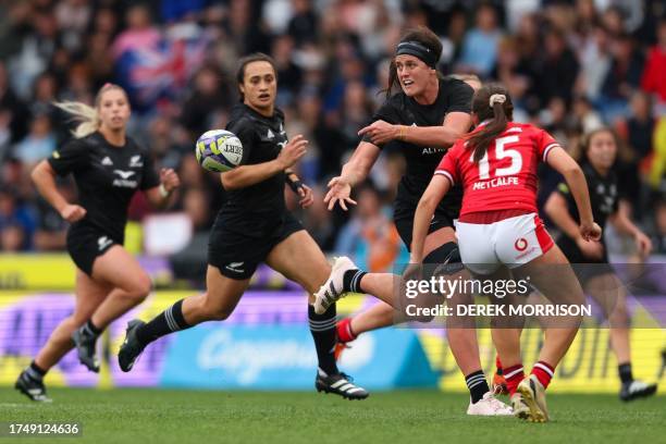 New Zealand's Chelsea Bremner gets the offload during the WXV 1 women's rugby match between New Zealand and Wales at Forsyth Barr Stadium in Dunedin...