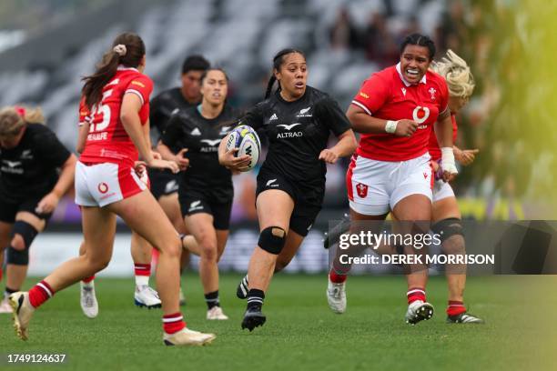 New Zealand's Sylvia Brunt makes a break during the WXV 1 women's rugby match between New Zealand and Wales at Forsyth Barr Stadium in Dunedin on...