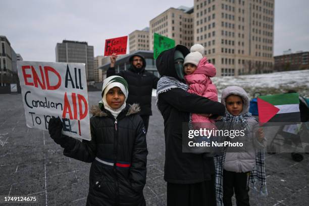 Pro-Palestinian students gather at the Alberta Legislature during a 'Students Protest for Ceasefire' protest, on October 27 in Edmonton, Alberta,...