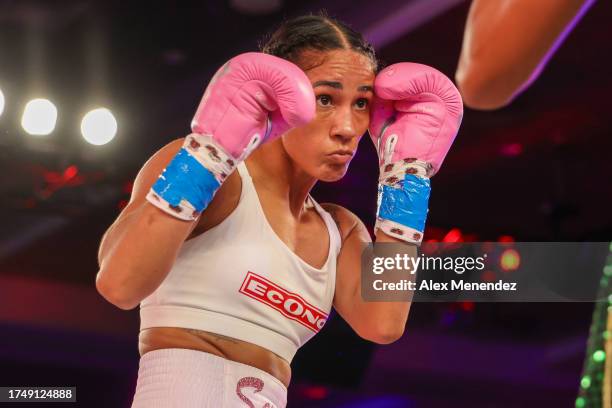 Amanda Serrano fights Danila Ramos during a MVP boxing match at the Caribe Royale Orlando resort on October 27, 2023 in Orlando, Florida.