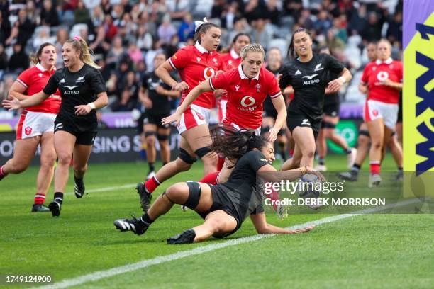 New Zealand's Mererangi Paul scores a try during the WXV 1 women's rugby match between New Zealand and Wales at Forsyth Barr Stadium in Dunedin on...