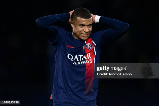 Kylian Mbappe of Paris Saint-Germain FC looks dejected during the UEFA Champions League football match between Paris Saint-Germain FC and AC Milan....