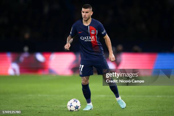 Lucas Hernandez of Paris Saint-Germain FC in action during the UEFA Champions League football match between Paris Saint-Germain FC and AC Milan....