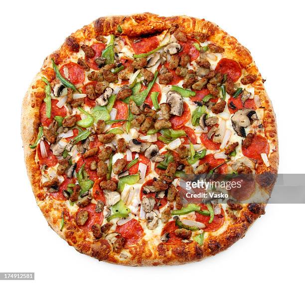 pizza from the top - super deluxeo - groene paprika stockfoto's en -beelden