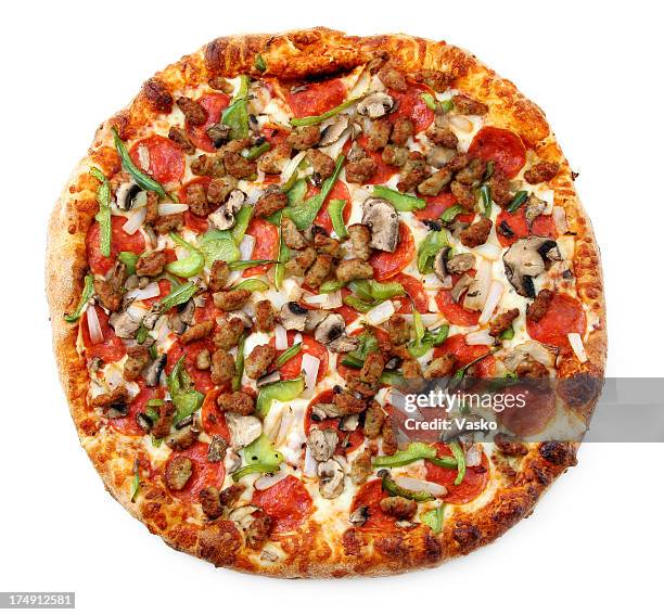 pizza from the top - super deluxeo - pepperoni pizza overhead stock pictures, royalty-free photos & images