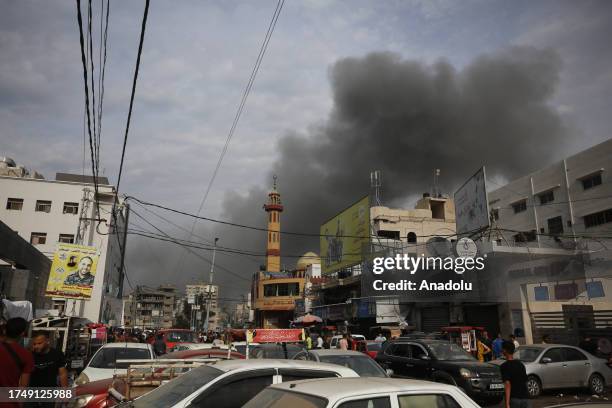 Smoke rises as Israeli attacks continue on 21st day of clashes in Gaza City, Gaza on October 27, 2023.