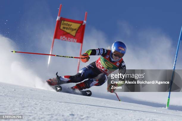 Mikaela Shiffrin of Team United States in action during the Audi FIS Alpine Ski World Cup Women's Giant Slalom on October 28, 2023 in Soelden,...