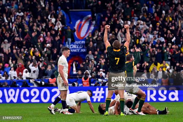 Pieter-Steph du Toit of South Africa reacts after winning the Rugby World Cup France 2023 match between England and South Africa at Stade de France...