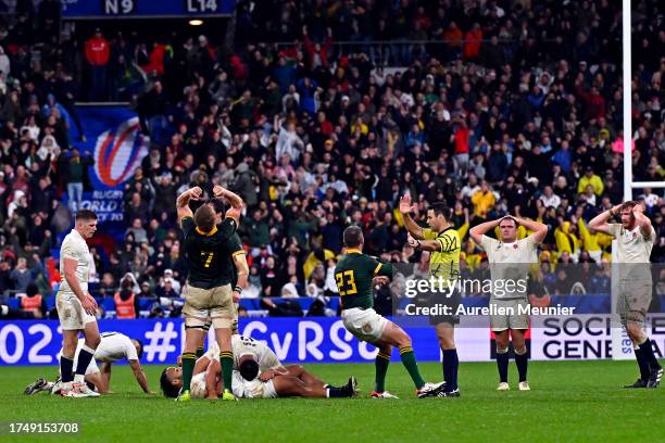 Pieter-Steph du Toit of South Africa reacts after winning the Rugby World Cup France 2023 match between England and South Africa at Stade de France...