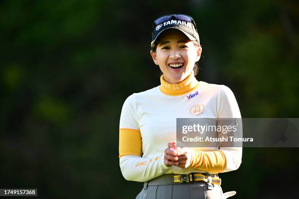 Kana Nagai of Japan celebrates the birdie on the 1st green during the final round of NOBUTA Group Masters GC Ladies at Masters Golf Club on October...