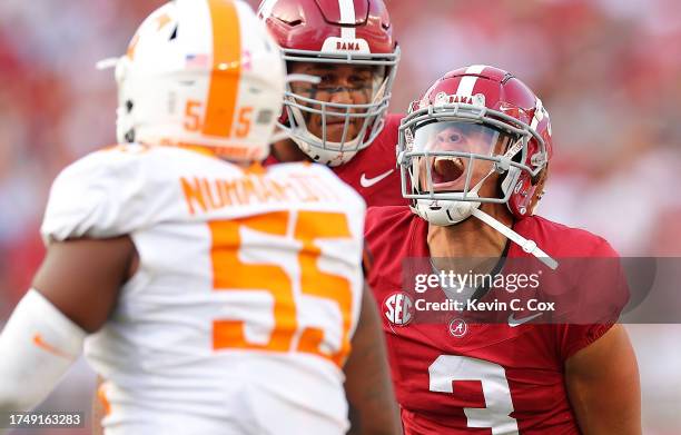 Jermaine Burton of the Alabama Crimson Tide reacts after a reception against the Tennessee Volunteers during the third quarter at Bryant-Denny...