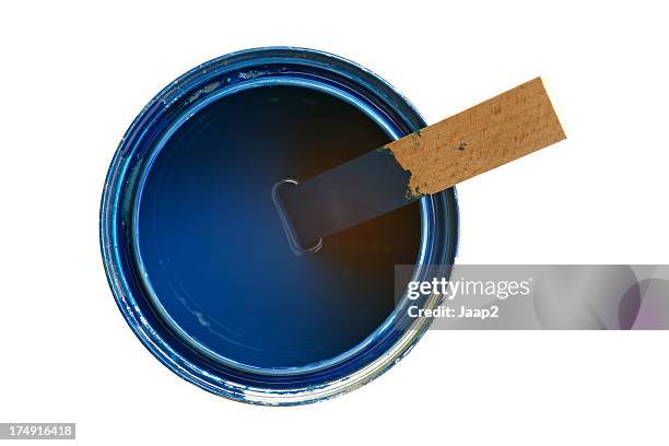 medium sized opened can with blue paint and wooden stirrer - open tin can stock pictures, royalty-free photos & images