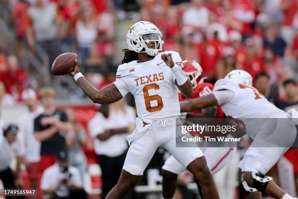 Maalik Murphy of the Texas Longhorns throws a pass in the second half against the Houston Cougars at TDECU Stadium on October 21, 2023 in Houston,...