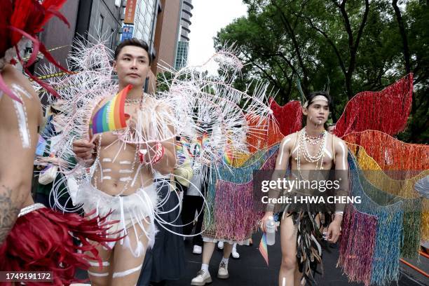 Costumed participants take part in Taiwan's annual LGBTQ Pride Parade in Taipei on October 28, 2023.