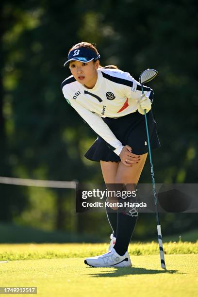Rei Matsuda of Japan reacts after her tee shot on the 2nd hole during the final round of Salonpas Ladies Open on October 22, 2023 in Takeo, Saga,...