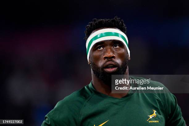 Siya Kolisi of South Africa looks on during warmup before he Rugby World Cup France 2023 match between England and South Africa at Stade de France on...