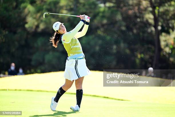 Kokona Sakurai of Japan hits her second shot on the 3rd hole during the final round of NOBUTA Group Masters GC Ladies at Masters Golf Club on October...