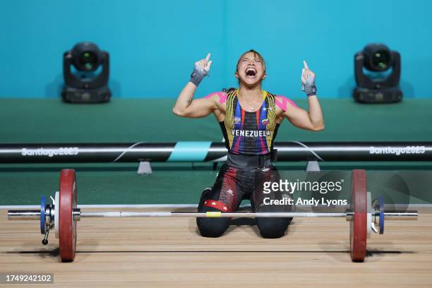 Katherin Echandia if Venezuela reacts after competing in weightlifting - Women's 49Kg at Gimnasio Chimkowe de Peñalolen on Day 1 of Santiago Pan Am...