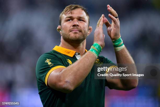 Duane Vermeulen of South Africa celebrates victory at full-time following the Rugby World Cup France 2023 match between England and South Africa at...