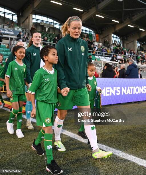 Dublin , Ireland - 27 October 2023; Diane Caldwell of Republic of Ireland, with her nephew Hakeem Abdou Bacar, and niece Farrah Abdou Bacar, before...