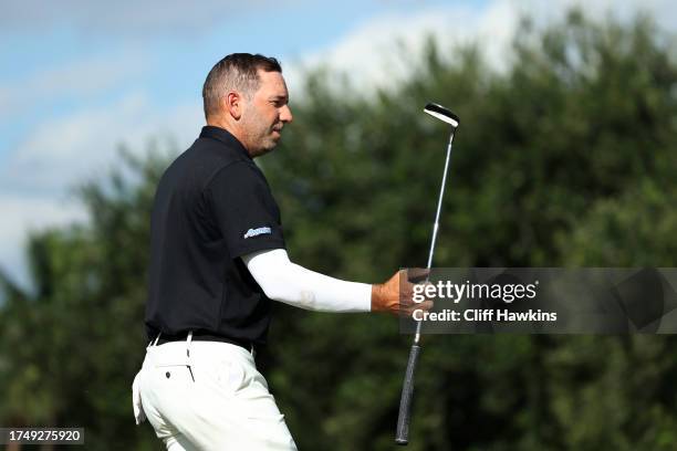 Captain Sergio Garcia of Fireballs GC reacts after defeating Captain Bubba Watson of the RangeGoats GC on the sixth green during Day Two of the LIV...