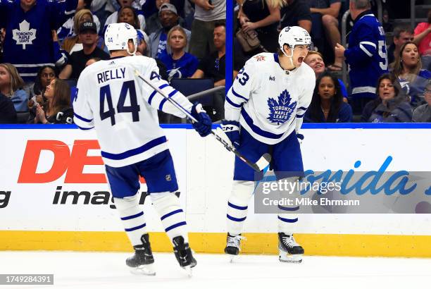 Matthew Knies of the Toronto Maple Leafs celebrates a goal on Jonas Johansson of the Tampa Bay Lightning in the third period during a game at Amalie...