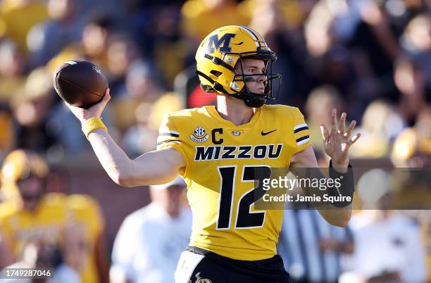 Quarterback Brady Cook of the Missouri Tigers passes during the game against the South Carolina Gamecocks at Faurot Field/Memorial Stadium on October...