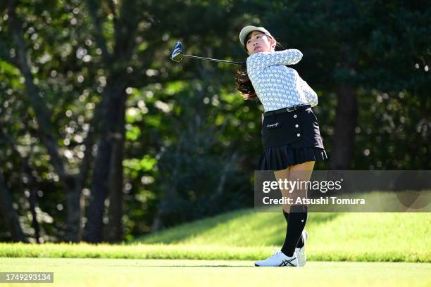 Nana Suganuma of Japan hits her tee shot on the 6th hole during the final round of NOBUTA Group Masters GC Ladies at Masters Golf Club on October 22,...