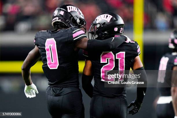 Jacob De Jesus of the UNLV Rebels celebrates with his teammates in the second half of a game against the Colorado State Rams at Allegiant Stadium on...