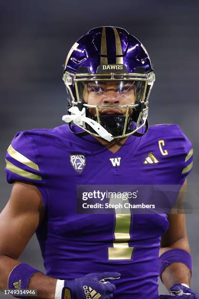 Rome Odunze of the Washington Huskies looks on during warmups before the game against the Arizona State Sun Devils at Husky Stadium on October 21,...