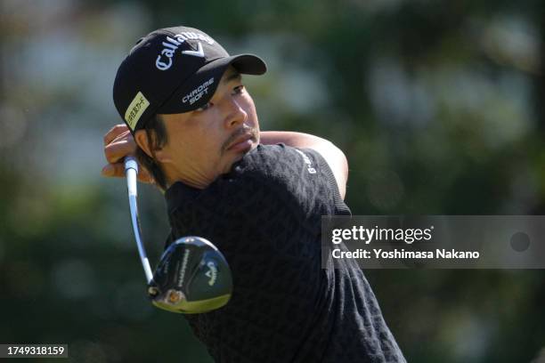 Ryo Ishikawa of Japan hits his tee shot on the 4th hole during the final round of ZOZO Championship at Accordia Golf Narashino Country Club on...