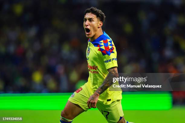 Alejandro Zendejas of America celebrates after scoring the team's fourth goal during the 13th round match between America and Santos Laguna as part...
