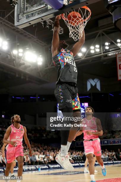 Ariel Hukporti of United dunks during the round four NBL match between Melbourne United and New Zealand Breakers at John Cain Arena, on October 22 in...