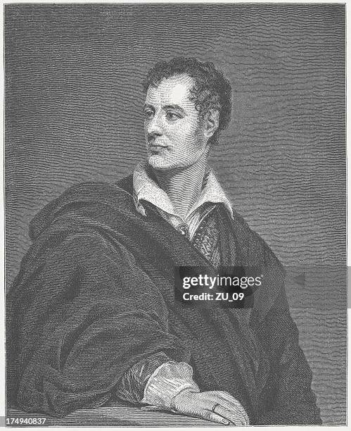 george gordon byron (1788-1824), british poet, wood engraving, published 1882 - lord byron poet stock illustrations