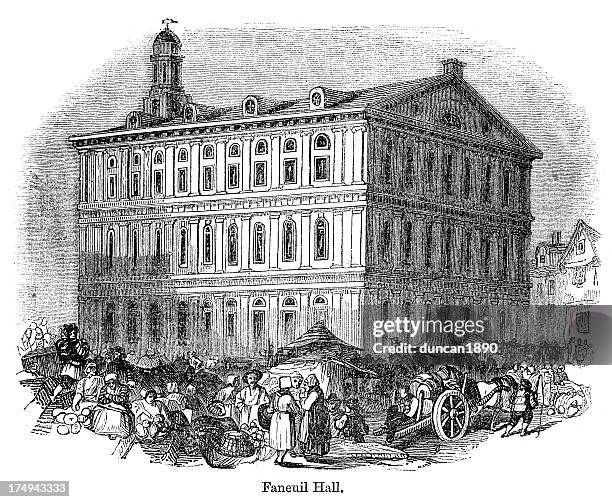 faneuil hall, boston - faneuil hall stock illustrations