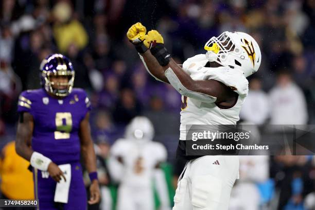 Jordyn Tyson of the Arizona State Sun Devils celebrates a stop against the Washington Huskies during the first quarter at Husky Stadium on October...