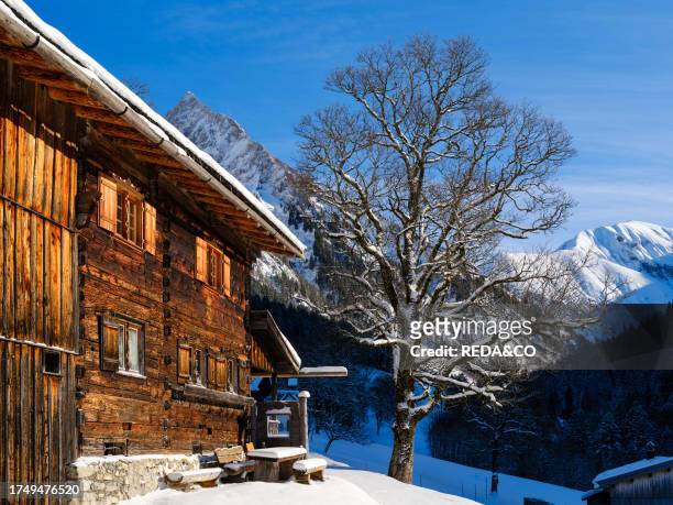 Village Gerstruben a listed collection of old farmhouses dating back to the 15. And 16. Century. The Allgaeu Alps near Oberstdorf during winter in...