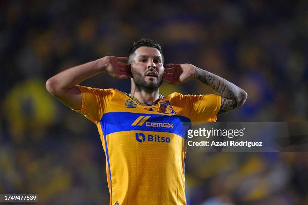 Andre-Pierre Gignac of Tigres celebrates after scoring the team's first goal during the 13th round match between Tigres UANL and Cruz Azul as part of...
