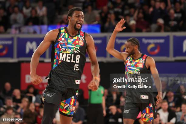 Ariel Hukporti of United celebrates during the round four NBL match between Melbourne United and New Zealand Breakers at John Cain Arena, on October...