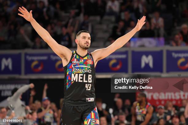 Chris Goulding of United celebrates during the round four NBL match between Melbourne United and New Zealand Breakers at John Cain Arena, on October...