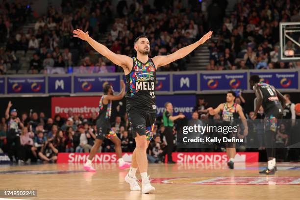Chris Goulding of United celebrates during the round four NBL match between Melbourne United and New Zealand Breakers at John Cain Arena, on October...