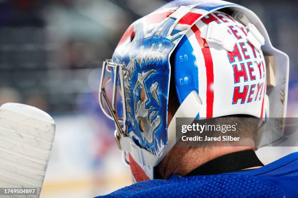 Jonathan Quick of the New York Rangers skates during warmups prior to the game against the Nashville Predators at Madison Square Garden on October...