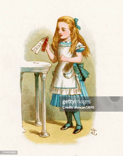 alice in wonderland - drink me - alice in wonderland fictional character stock illustrations