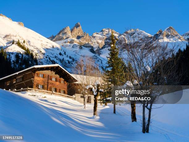 The hamlet Einoedsbach in the valley of river Stillach, view towards Mt. Trettachspitze, Mt. Maedelegabel and Mt. Hochfrottspitze . The Allgaeu Alps...