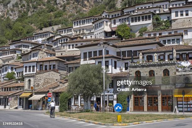 Town of a Thousand Windows, old quarter with Ottoman houses on hillside along the Osum river in the city Berat. Berati, southern Albania.