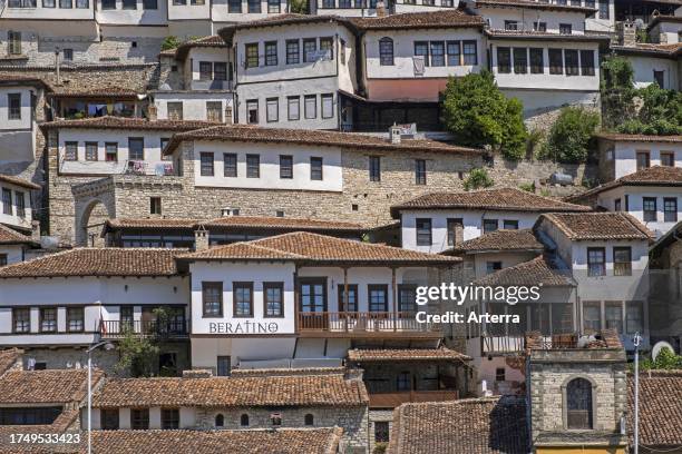 Town of a Thousand Windows, old quarter with Ottoman houses on hillside along the Osum river in the city Berat. Berati, southern Albania.