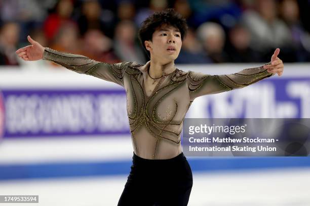 Shun Sato of Japan skates in the Men's Free Skate during the ISU Grand Prix of Figure Skating - Skate America at Credit Union of Texas Events Center...