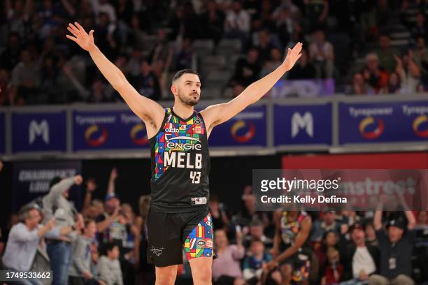 Chris Goulding of United reacts during the round four NBL match between Melbourne United and New Zealand Breakers at John Cain Arena, on October 22...